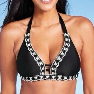 NWOT Kona Sol Black Crochet Trim Halter Bikini Top Size S‎ Boho Swim